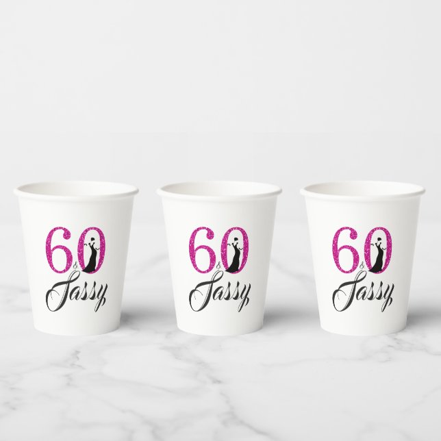 Chic Hot Pink Glitter Sixty Sassy 60th Birthday  Paper Cups (Multi)