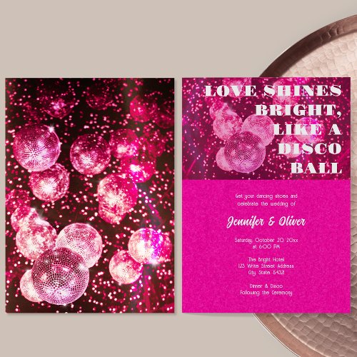 Chic Hot Pink Glitters Retro Disco Ball Wedding Invitation