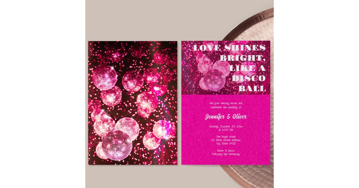 Chic Hot Pink Glitters Retro Disco Ball Wedding Invitation
