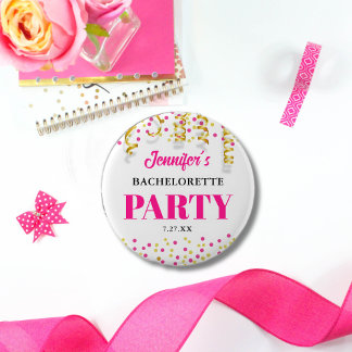 Chic Hot Pink & Gold Dots Bachelorette Party Button