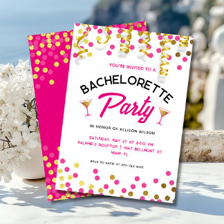 Chic Hot Pink & Gold Dots Bachelorette Party Invitation