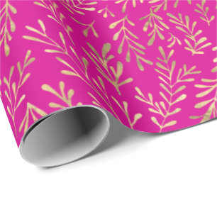 Chic Hot Pink Gold Foliage Pattern Wrapping Paper