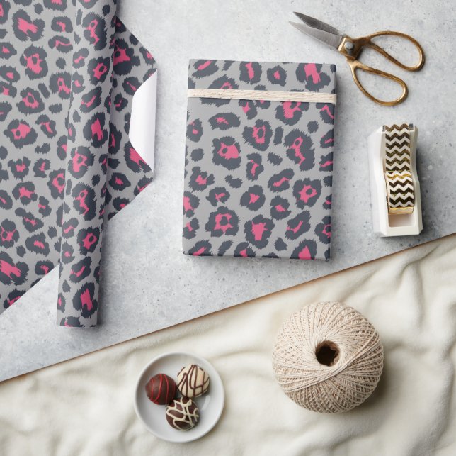 Chic Hot Pink Gray Leopard Print Pattern Wrapping Paper (Crafts)