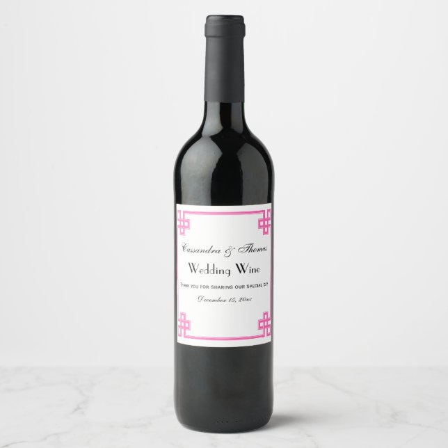 Chic Hot Pink Greek Key Knot Frame Wine Label (Front)