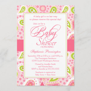 Chic hot pink green paisley baby shower invitation