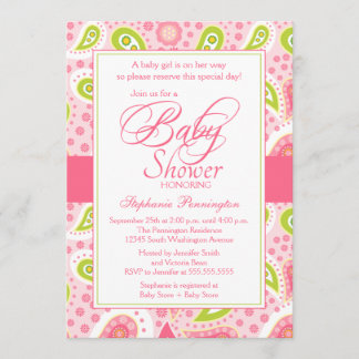 Chic hot pink green paisley baby shower invitation