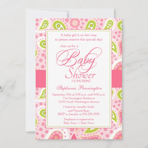 Chic hot pink green paisley baby shower invitation