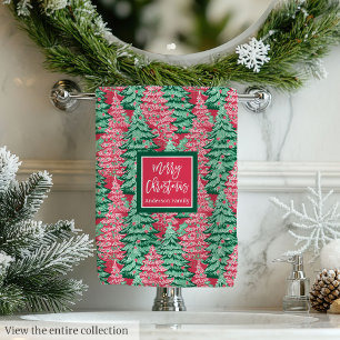 Chic hot pink green watercolor Christmas preppy Bath Towel Set