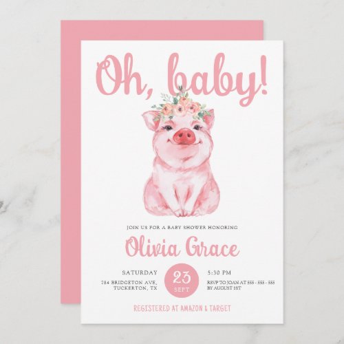 Chic Hot Pink Little Pig Baby Girl Baby Shower Invitation