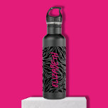 Chic Hot Pink Name on Zebra Print  Stainless Steel Water Bottle<br><div class="desc">A stylish black water bottle features a pattern of black zebra stripes print accented with your name in hot pink chic lettering printed vertically on the front. Create for yourself or give as a gift.</div>