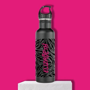 Chic Hot Pink Name on Zebra Print  Stainless Steel Water Bottle
