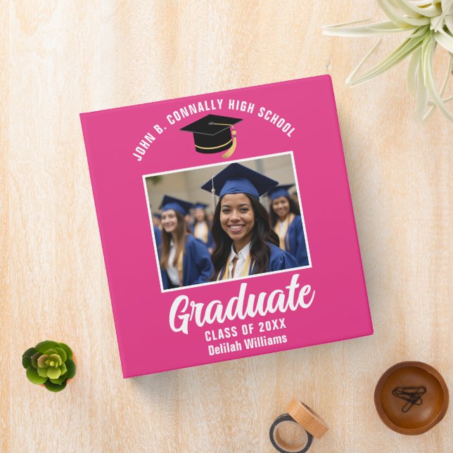 Chic Hot Pink Personalized Graduation Photo Album 3 Ring Binder (In Situ)