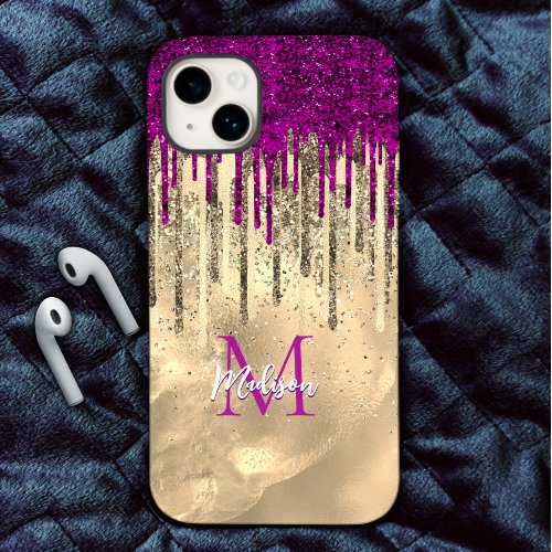 Chic hot pink purple glitter gold drips monogram iPhone 15 case