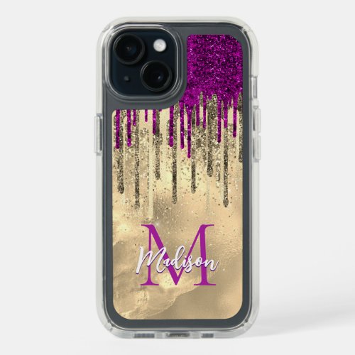 Chic hot pink purple glitter gold drips monogram iPhone 15 case