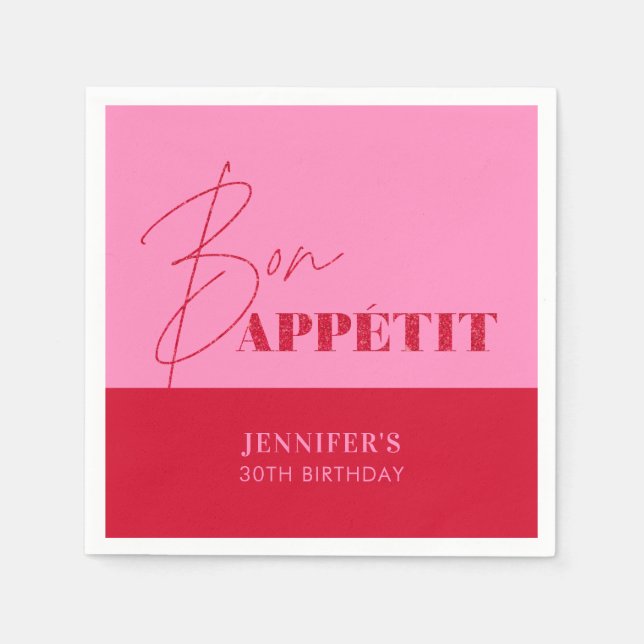 Chic Hot Pink Red Bon Appétit Script Birthday Napkins (Front)