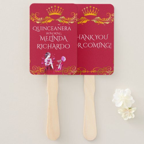 Chic Hot Pink Red Quinceanera Party Thank You Hand Fan