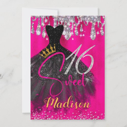 Chic hot pink silver glitter drips sweet 16 invitation