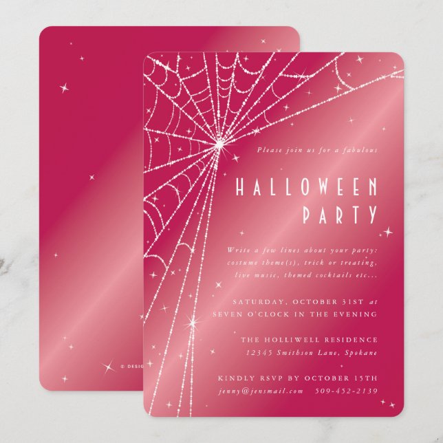 Chic Hot Pink Sparkling Spider Web Halloween Party Invitation (Front/Back)