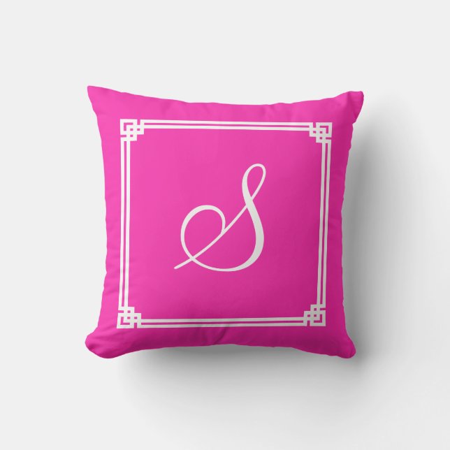 Chic Hot Pink Square Notched Border Monogrammed Throw Pillow (Front)