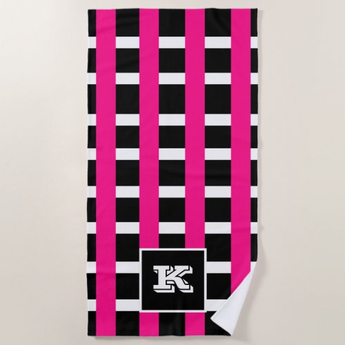 Chic Hot Pink White Black Stripe Initial Beach Towel