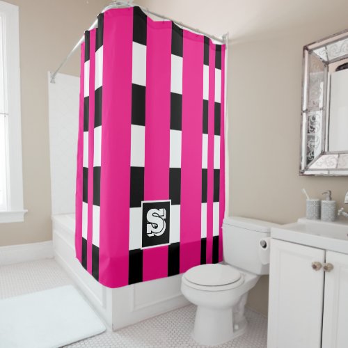 Chic Hot Pink White Black Stripe Pattern Initial Shower Curtain