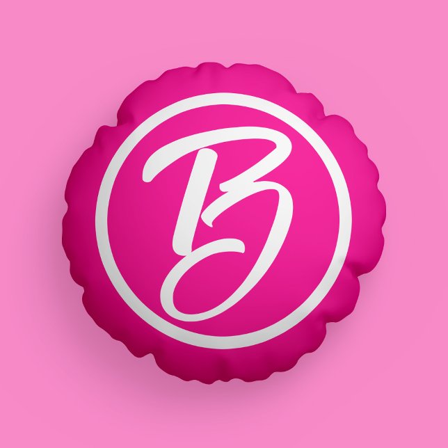 Chic Hot Pink White Monogram Script  Round Pillow (Mockup of pillow on pink background)