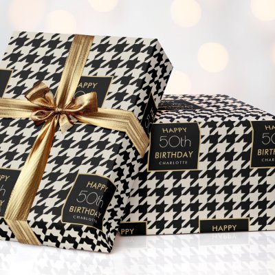 Chic Houndstooth Pattern Birthday 50th Off-white Wrapping Paper