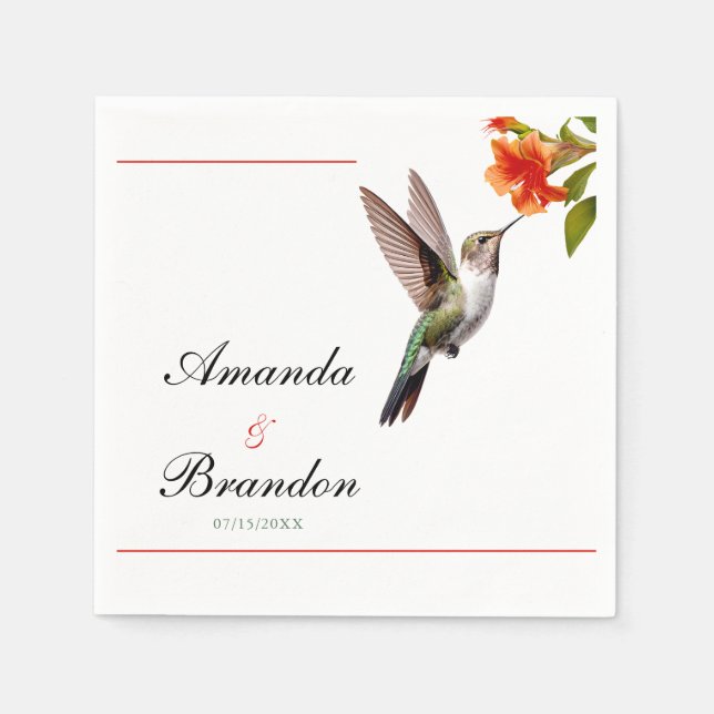 Chic Hummingbird and Orange Flower Wedding Napkins (Front)