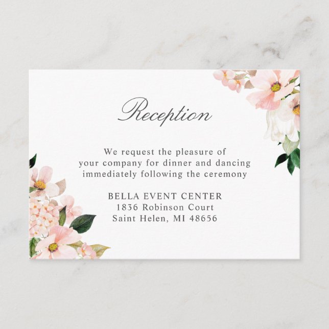 Chic Hydrangea Blush Pink Floral Wedding Reception Enclosure Card (Front)