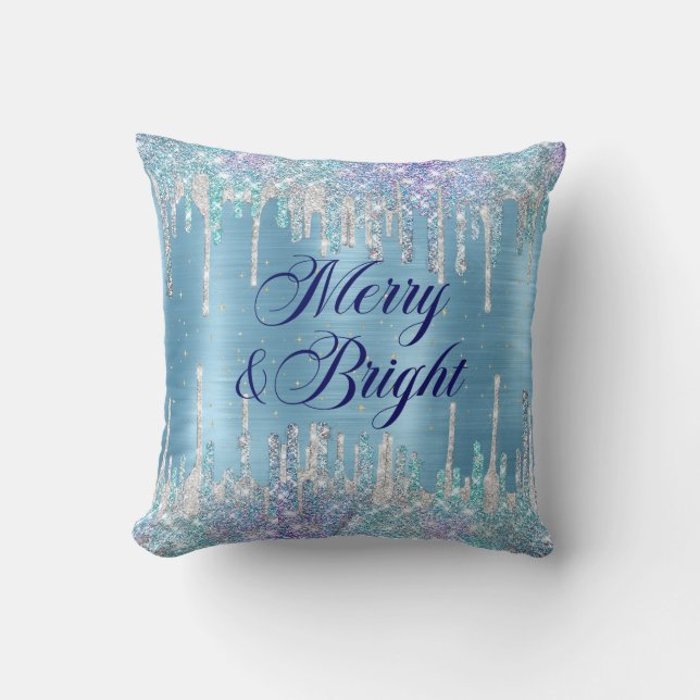 Chic ice blue aqua dripping glitter Christmas  Throw Pillow (Front)