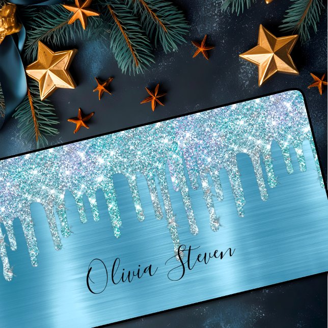 Chic ice blue aqua dripping glitter monogram desk mat (Creator Uploaded)