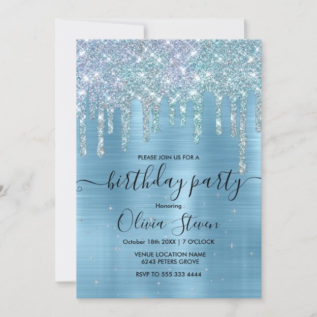 Chic ice blue aqua dripping glitter monogram invitation (Front)