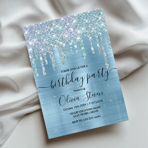 Chic ice blue aqua dripping glitter monogram invitation