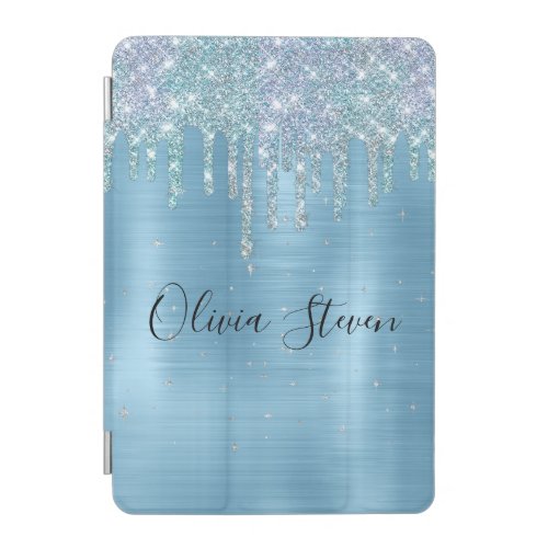 Chic ice blue aqua dripping glitter monogram iPad mini cover