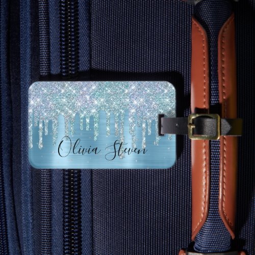 Chic ice blue aqua dripping glitter monogram luggage tag