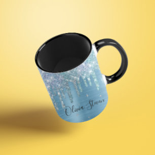 Chic ice blue aqua dripping glitter monogram mug