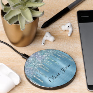 Chic ice blue aqua dripping glitter monogram wireless charger 