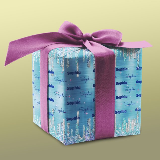 Chic ice blue aqua dripping glitter wrapping paper sheets (Creator Uploaded)