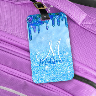 Chic ice blue ombre glitter drips monogram luggage tag