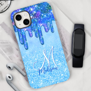 Chic ice blue ombre glitter drips monogram noteboo Case-Mate iPhone 14 case