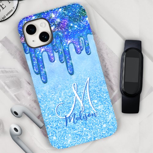 Chic ice blue ombre glitter drips monogram noteboo Case_Mate iPhone 14 case