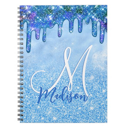 Chic ice blue ombre glitter drips monogram noteboo notebook
