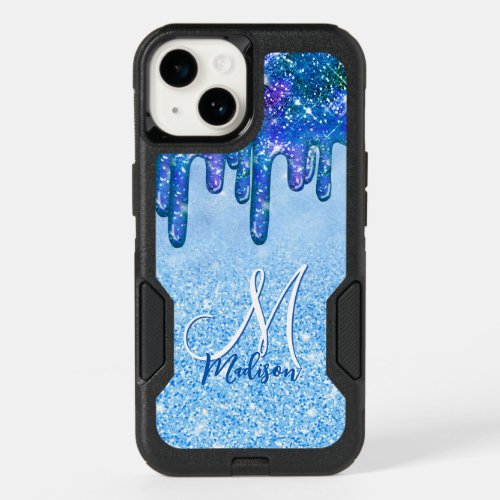 Chic ice blue ombre glitter drips monogram noteboo OtterBox iPhone 14 case