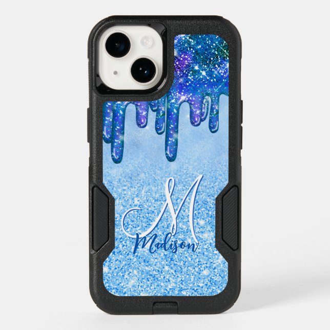 Chic ice blue ombre glitter drips monogram noteboo otterbox iPhone case (Back)