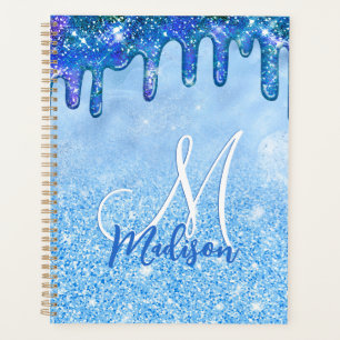 Chic ice blue ombre glitter drips monogram noteboo planner