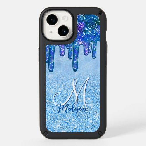 Chic ice blue ombre glitter drips monogram noteboo speck iPhone 14 case