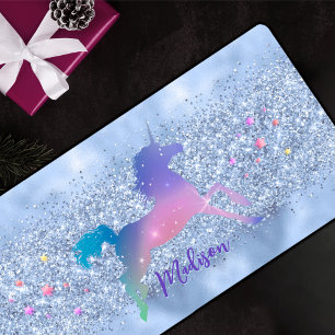 Chic ice blue unicorn glitter stars monogram desk mat