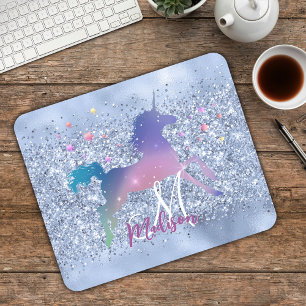 Chic ice blue unicorn glitter stars monogram mouse pad