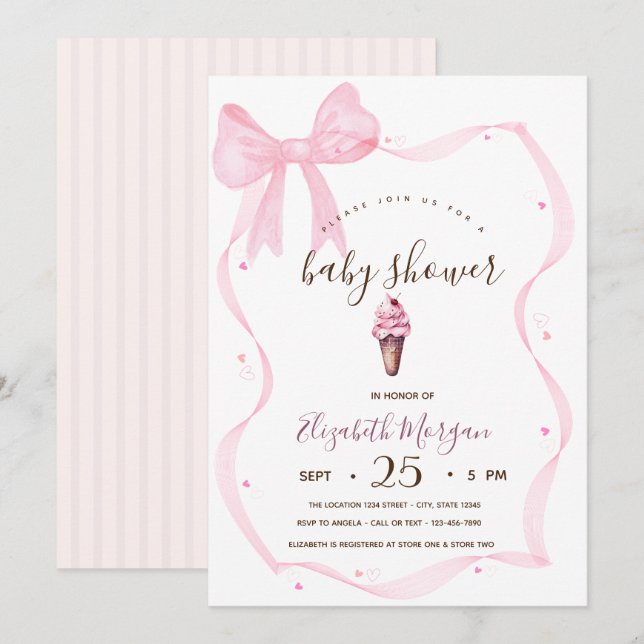 Chic Ice cream Bow Striped Baby Shower Invitation (Front/Back)