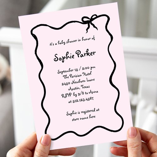 Chic Illustrated French Bow Pink Baby Shower Invitation